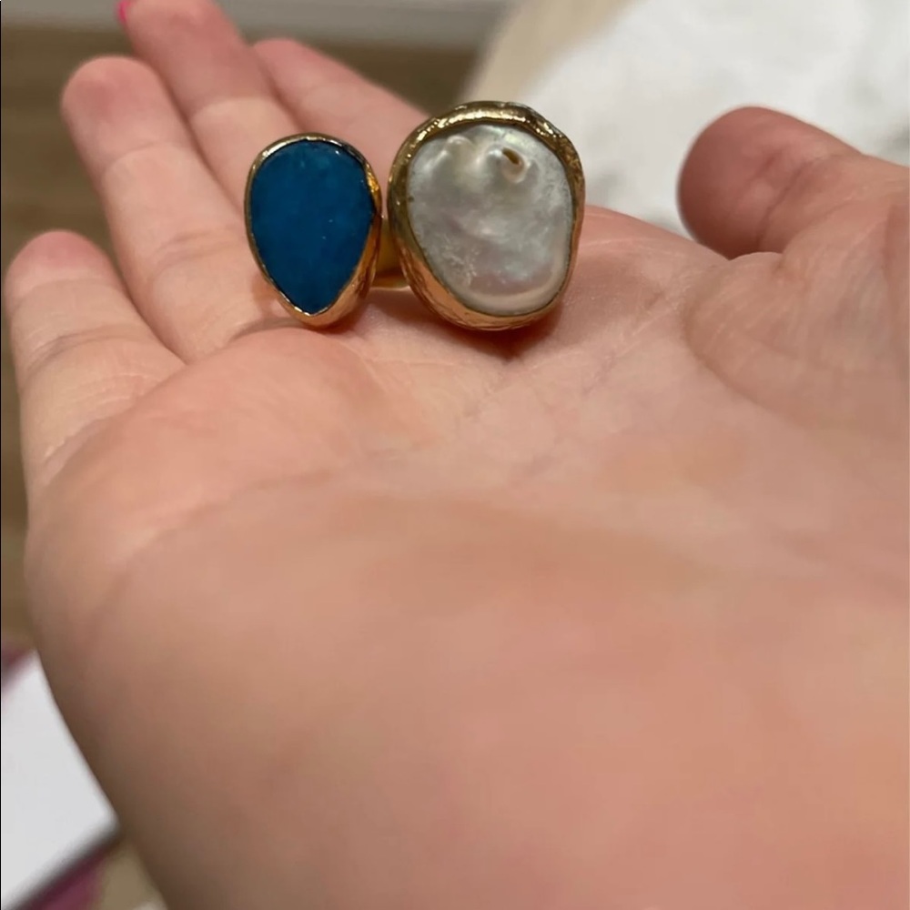 Handmade Aquamarine Ring, Adjustable Gold Plated Pearl Ring